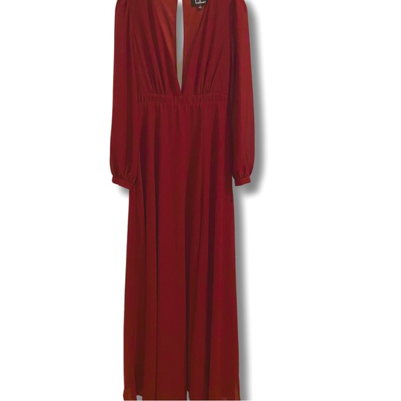 LULUS All My Life Maxi Dress Burgundy Long Sleeve Deep V Plunge Front High Slit - Picture 13 of 16